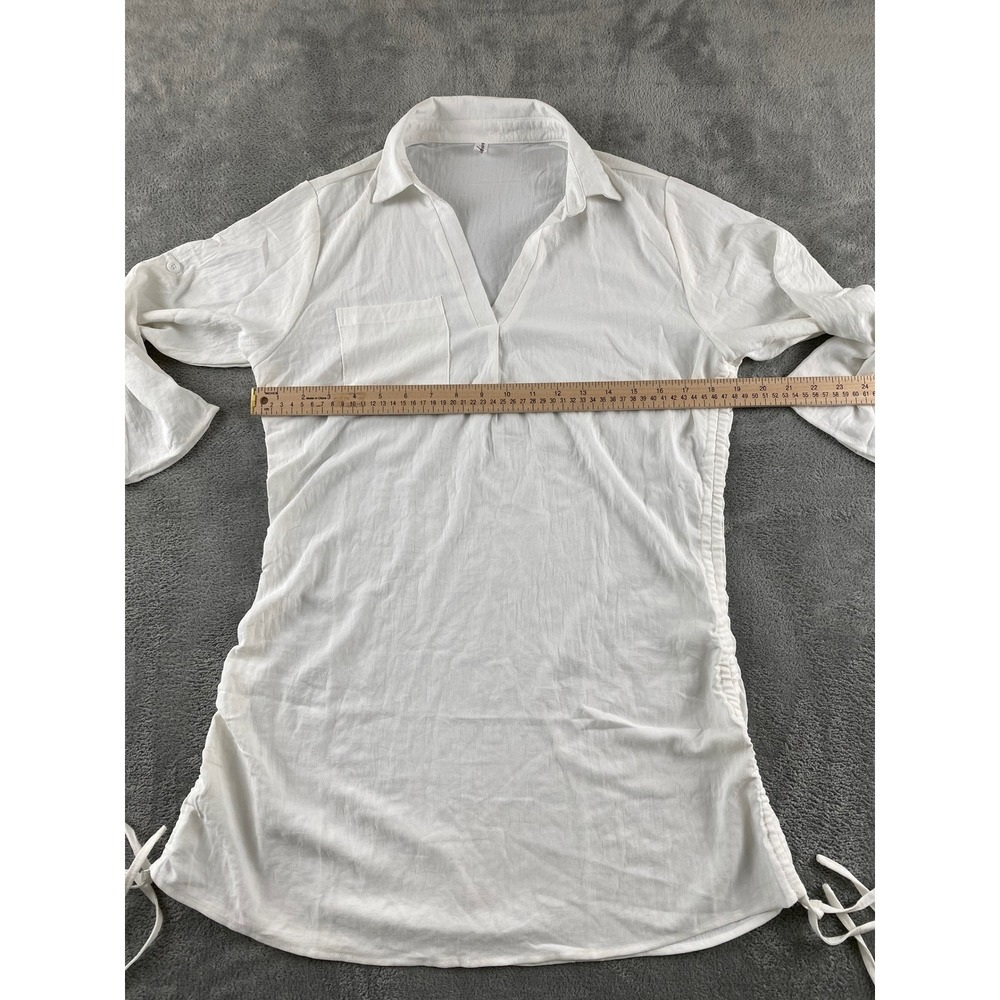 Fashion White Gauze Tunic Top Womens Small Ruched Side Tie Roll Tab Slv V-Neck - Picture 5 of 13